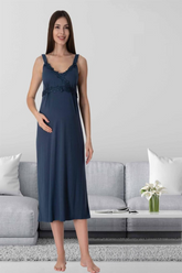Lace Detailed Wrap Maternity & Nursing Nightgown Navy Blue - 9033