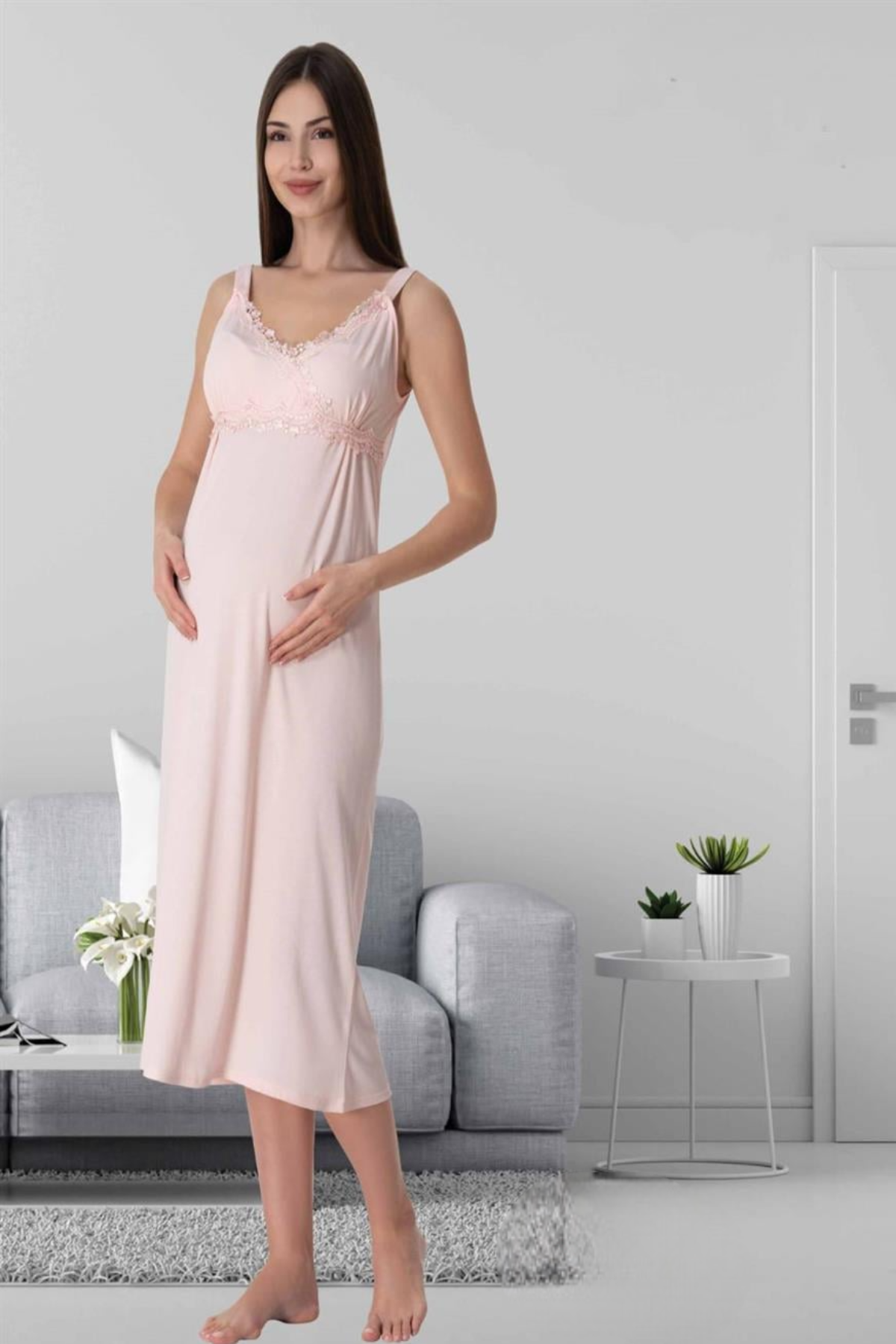 Lace Detailed Wrap Maternity & Nursing Nightgown Powder - 9033