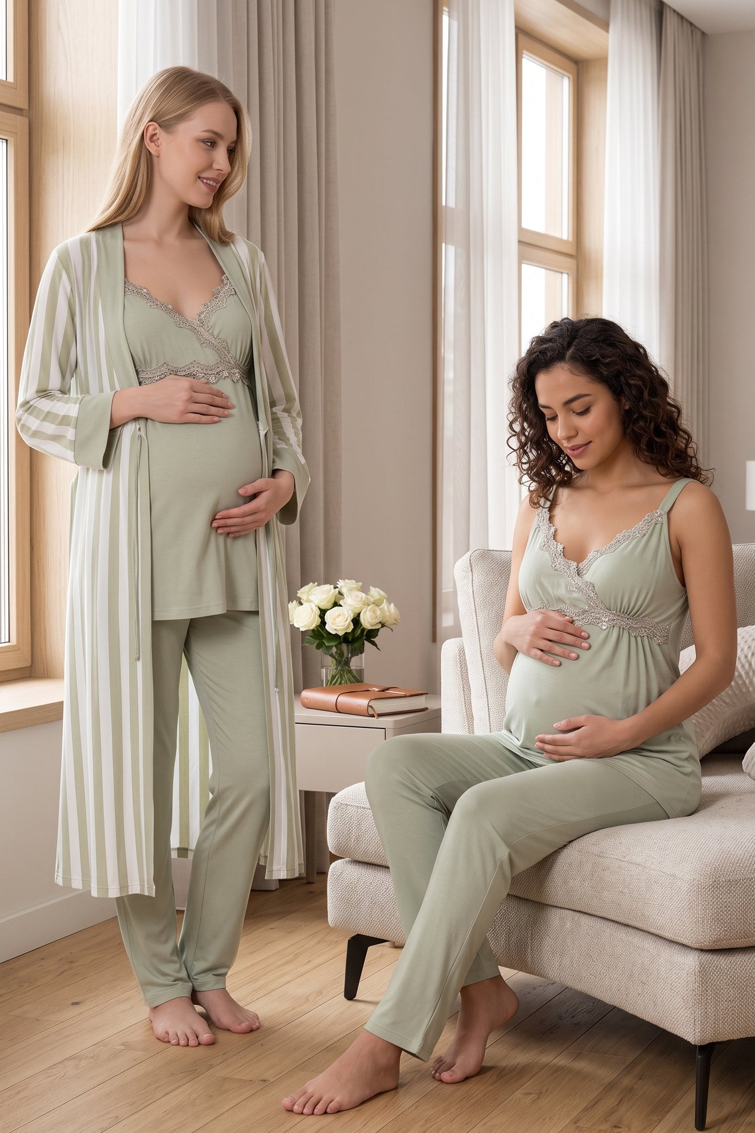 Lace Detailed Wrap 3-Piece Maternity-Nursing Pajama & Striped Robe Set Green - 9034