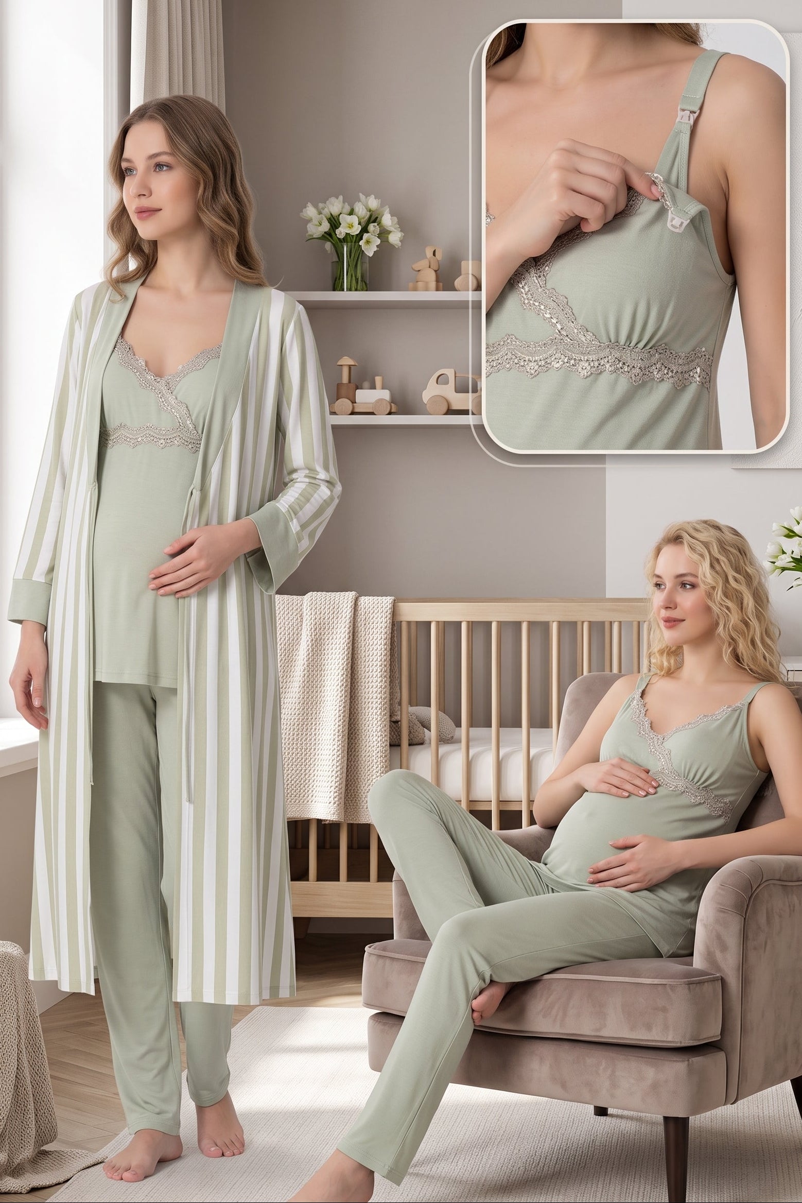 Lace Detailed Wrap 3-Piece Maternity-Nursing Pajama & Striped Robe Set Green - 9034