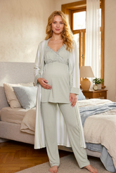 Lace Detailed Wrap 3-Piece Maternity-Nursing Pajama & Striped Robe Set Green - 9034