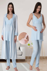 Lace Detailed Wrap 3-Piece Maternity-Nursing Pajama & Striped Robe Set Blue - 9034