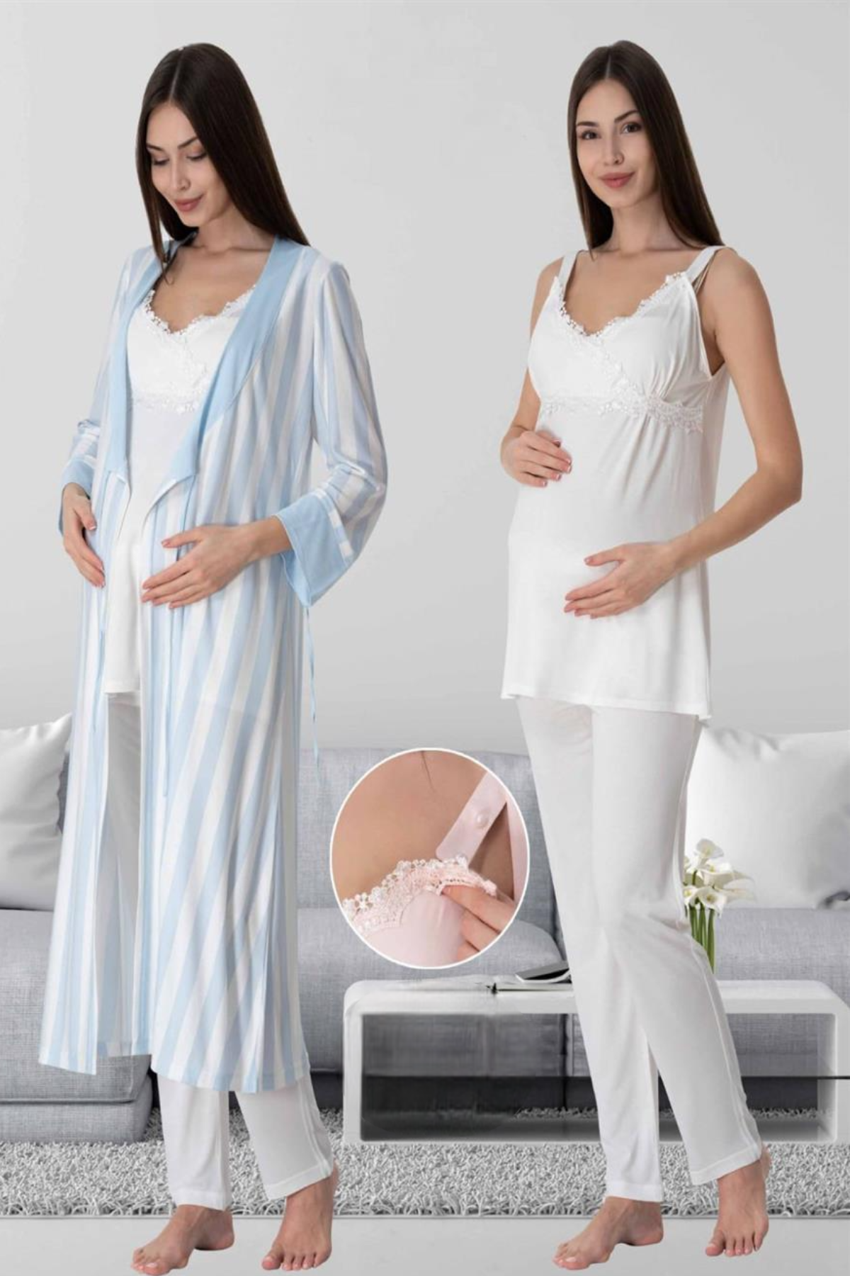Lace Detailed Wrap 3-Piece Maternity-Nursing Pajama & Striped Robe Set Ecru/Blue - 9034