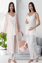 Lace Detailed Wrap 3-Piece Maternity-Nursing Pajama & Striped Robe Set Ecru/Powder - 9034
