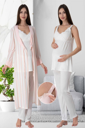 Lace Detailed Wrap 3-Piece Maternity-Nursing Pajama & Striped Robe Set Ecru/Powder - 9034