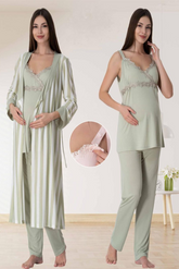 Lace Detailed Wrap 3-Piece Maternity-Nursing Pajama & Striped Robe Set Green - 9034