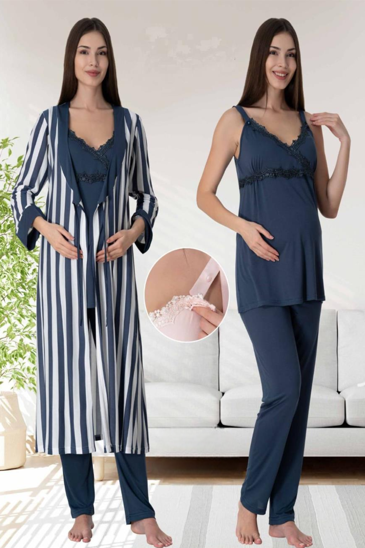 Lace Detailed Wrap Striped 4-Piece Maternity-Nursing Set Navy Blue - 9036
