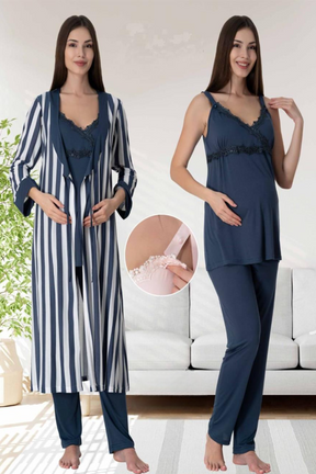 Lace Detailed Wrap Striped 4-Piece Maternity-Nursing Set Navy Blue - 9036