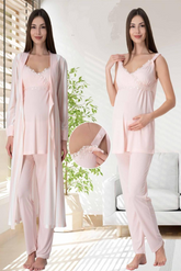 Lace Detailed Wrap 3-Piece Maternity-Nursing Pajama & Striped Robe Set Powder - 9034
