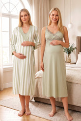 Lace Detailed Wrap Maternity-Nursing Nightgown & Striped Robe Set Green - 9035