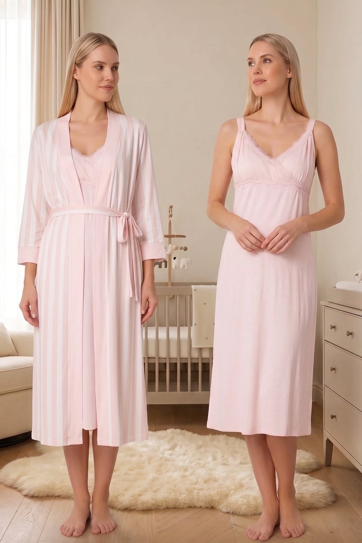 Lace Detailed Wrap Maternity-Nursing Nightgown & Striped Robe Set Powder - 9035