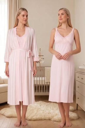 Lace Detailed Wrap Maternity-Nursing Nightgown & Striped Robe Set Powder - 9035