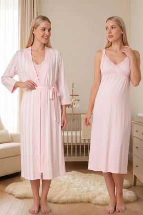 Lace Detailed Wrap Maternity-Nursing Nightgown & Striped Robe Set Powder - 9035