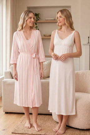 Lace Detailed Wrap Maternity-Nursing Nightgown & Striped Robe Set Ecru/Powder - 9035