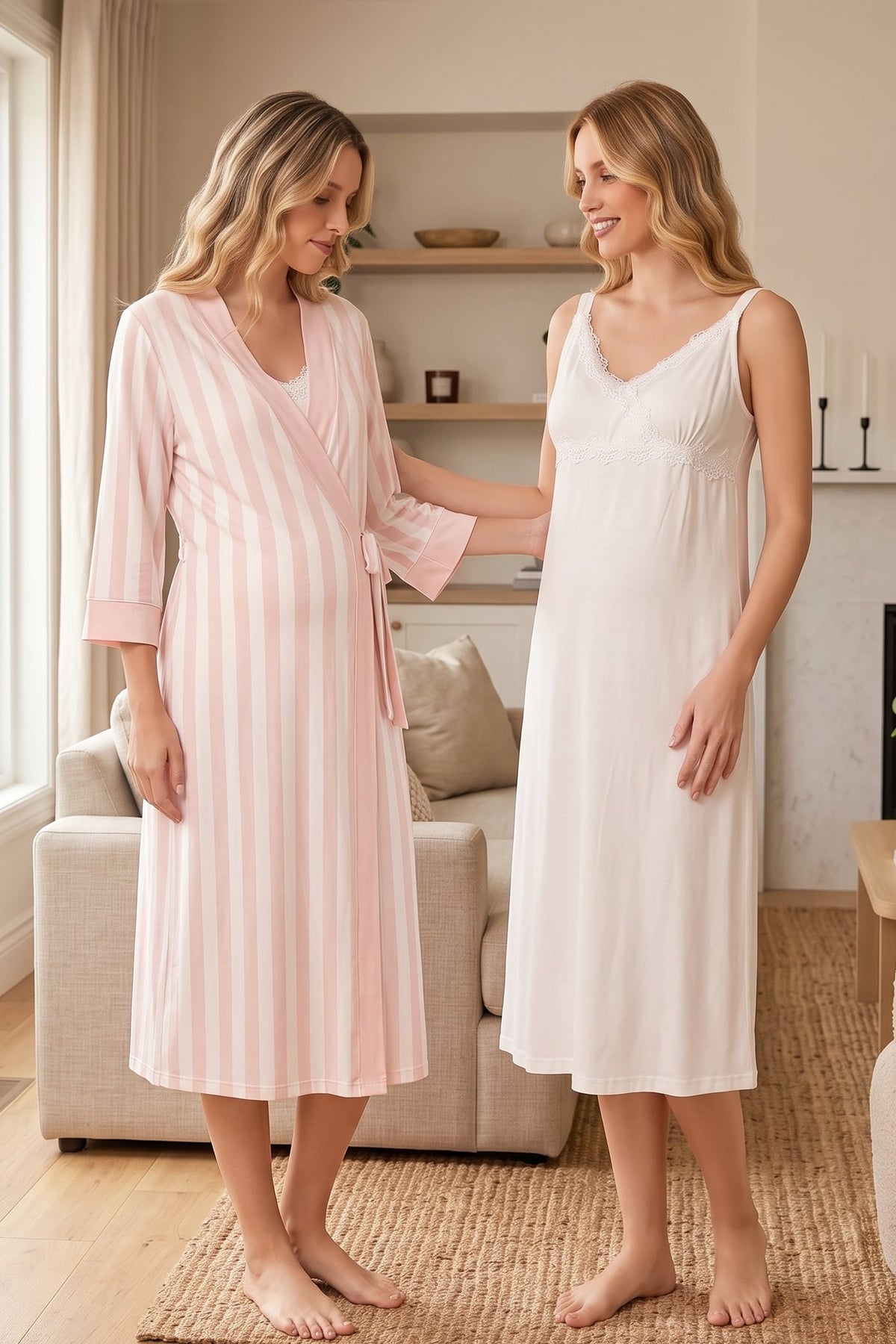 Lace Detailed Wrap Maternity-Nursing Nightgown & Striped Robe Set Ecru/Powder - 9035