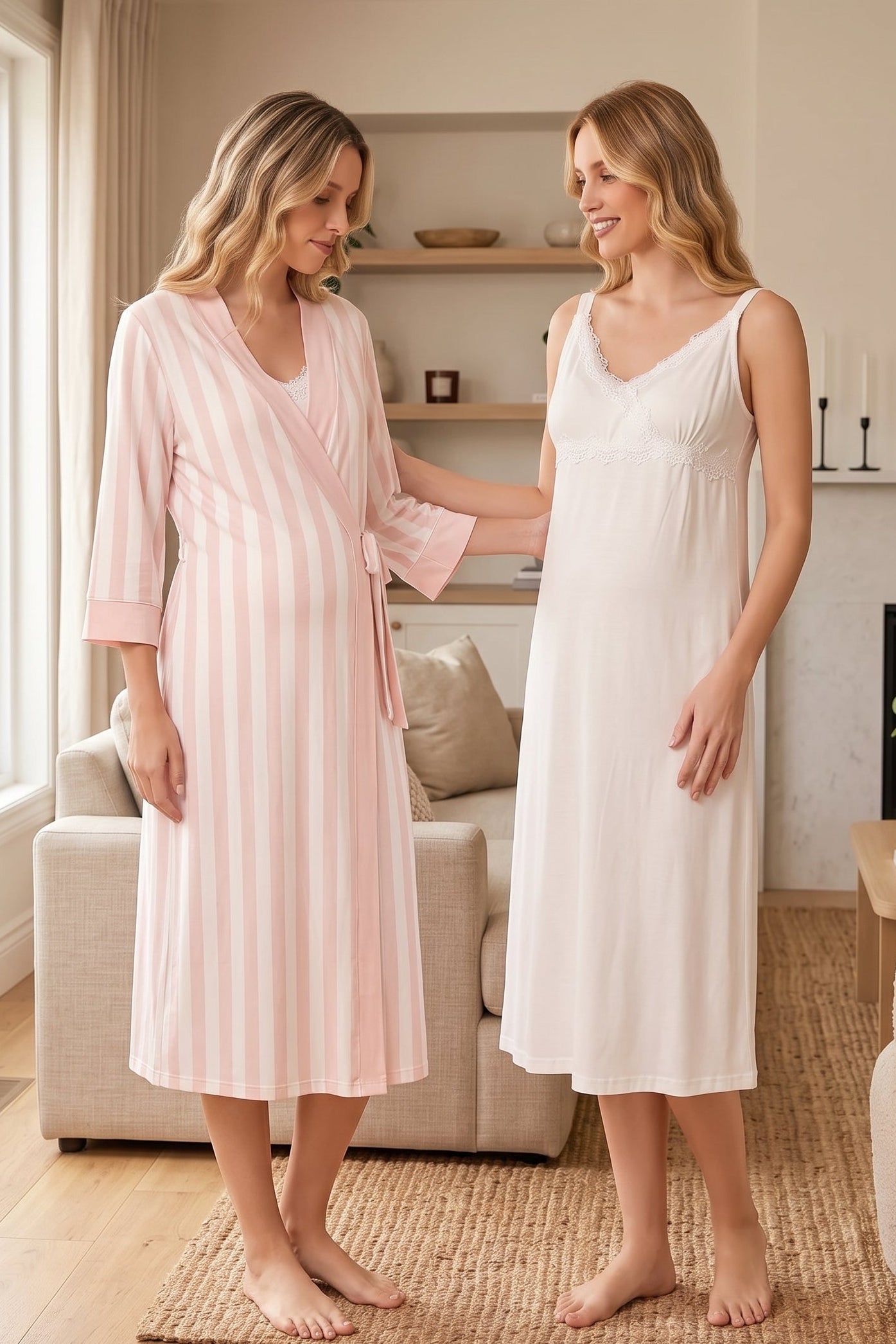 Lace Detailed Wrap Maternity-Nursing Nightgown & Striped Robe Set Ecru/Powder - 9035
