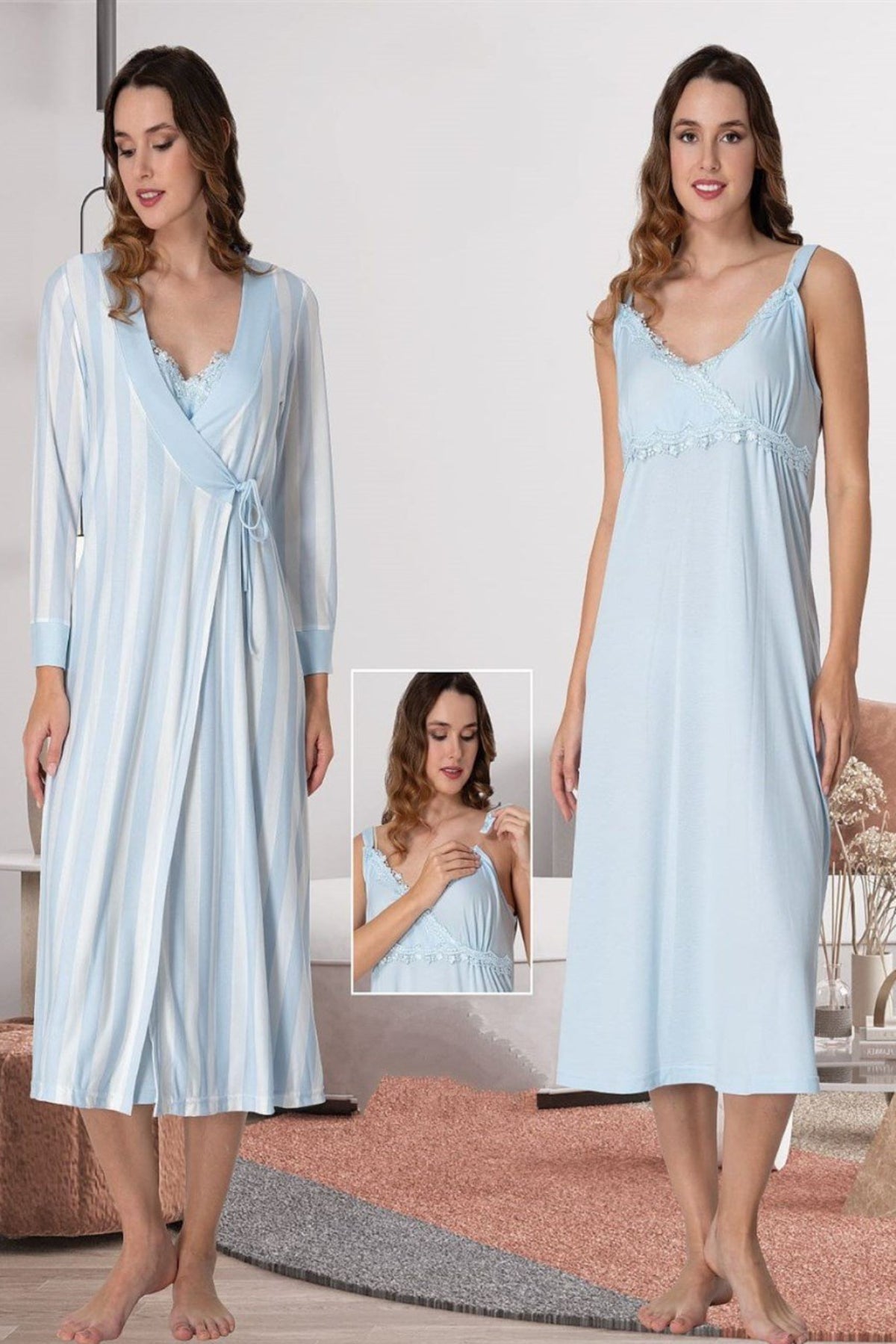 Lace Detailed Wrap Maternity-Nursing Nightgown & Striped Robe Set Blue - 9035