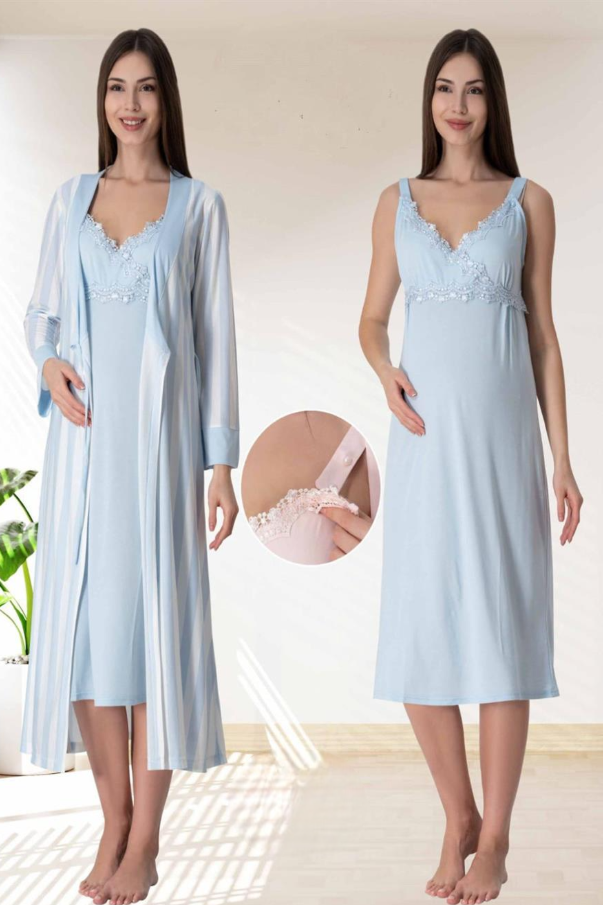 Lace Detailed Wrap Maternity-Nursing Nightgown & Striped Robe Set Blue - 9035