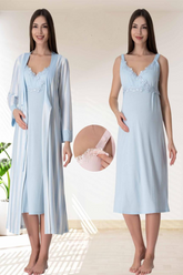 Lace Detailed Wrap Maternity-Nursing Nightgown & Striped Robe Set Blue - 9035
