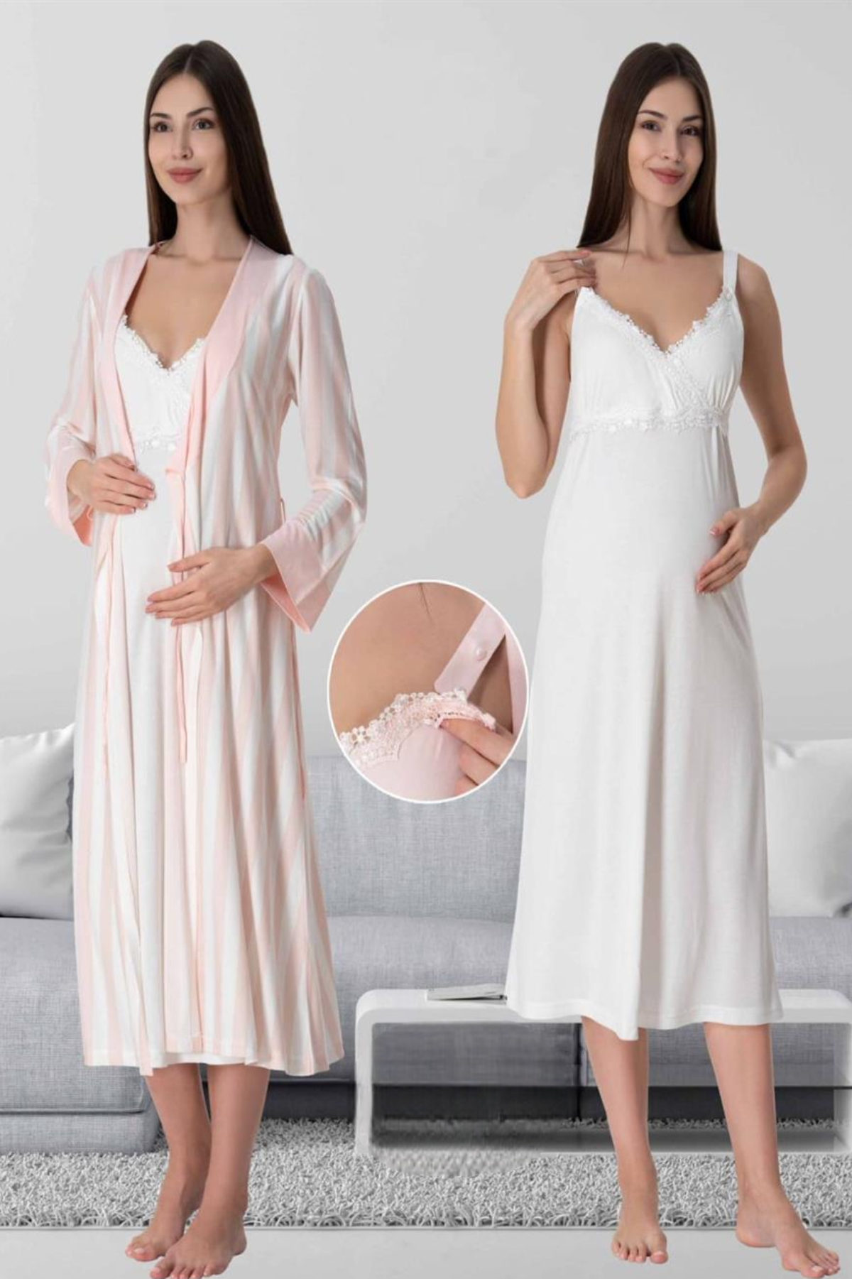 Lace Detailed Wrap Maternity-Nursing Nightgown & Striped Robe Set Ecru/Powder - 9035