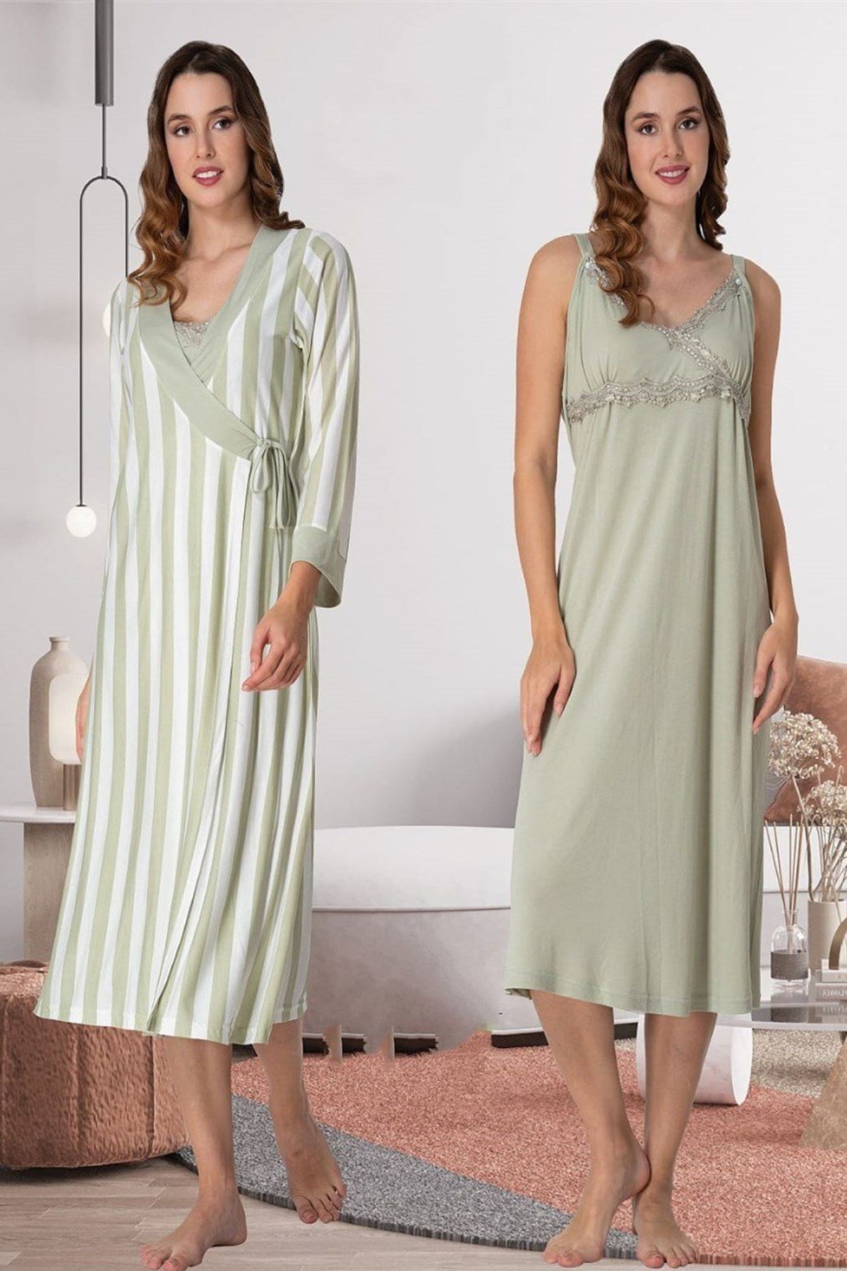 Lace Detailed Wrap Maternity-Nursing Nightgown & Striped Robe Set Green - 9035