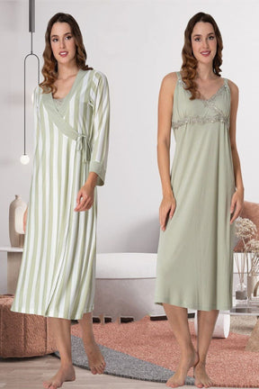 Lace Detailed Wrap Maternity-Nursing Nightgown & Striped Robe Set Green - 9035