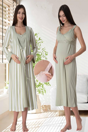 Lace Detailed Wrap Striped 4-Piece Maternity-Nursing Set Green - 9036