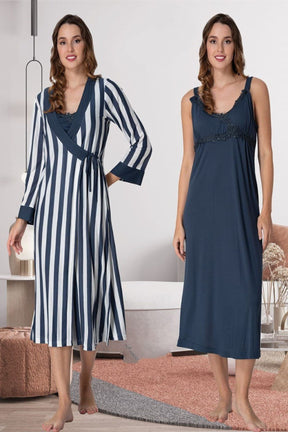 Lace Detailed Wrap Maternity-Nursing Nightgown & Striped Robe Set Navy Blue - 9035