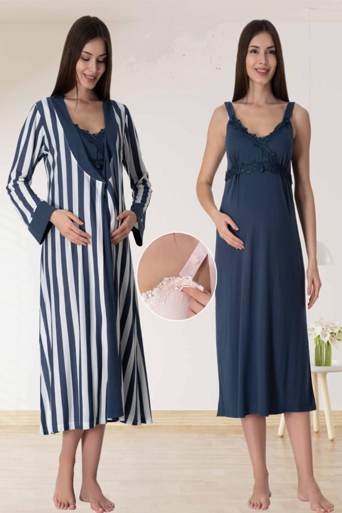 Lace Detailed Wrap Striped 4-Piece Maternity-Nursing Set Navy Blue - 9036