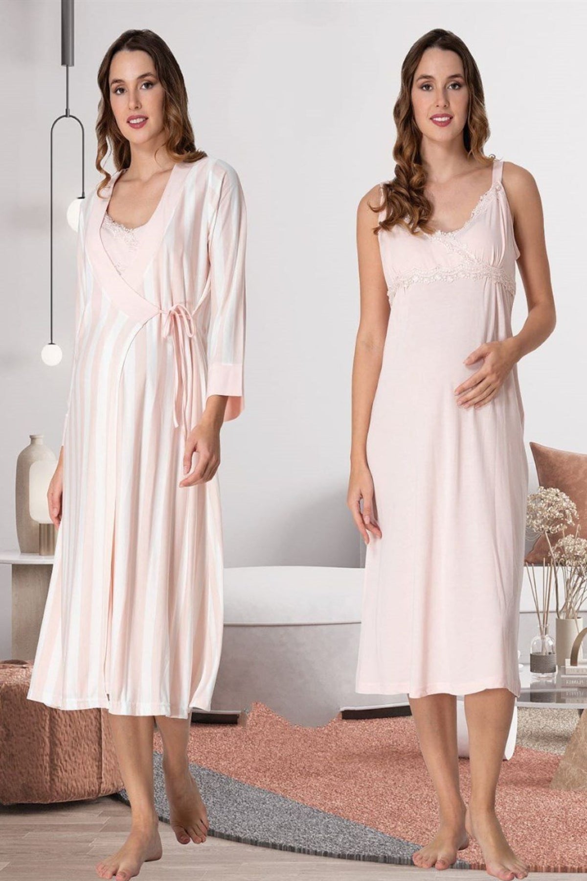 Lace Detailed Wrap Maternity-Nursing Nightgown & Striped Robe Set Powder - 9035