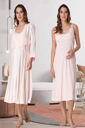 Lace Detailed Wrap Maternity-Nursing Nightgown & Striped Robe Set Powder - 9035