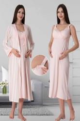 Lace Detailed Wrap Maternity-Nursing Nightgown & Striped Robe Set Powder - 9035