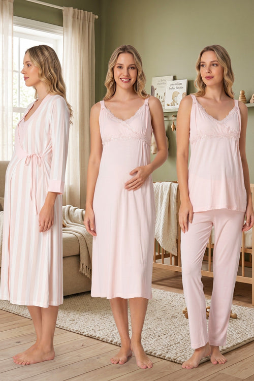 Lace Detailed Wrap Striped 4-Piece Maternity-Nursing Set Powder - 9036