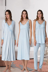Lace Detailed Wrap Striped 4-Piece Maternity-Nursing Set Blue - 9036
