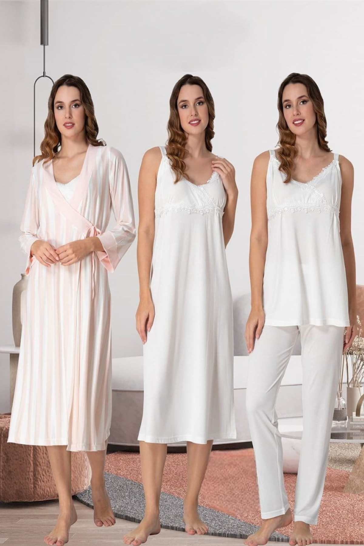 Lace Detailed Wrap Striped 4-Piece Maternity-Nursing Set Ecru - 9036