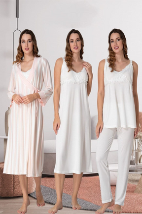 Lace Detailed Wrap Striped 4-Piece Maternity-Nursing Set Ecru - 9036