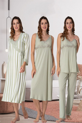 Lace Detailed Wrap Striped 4-Piece Maternity-Nursing Set Green - 9036
