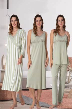 Lace Detailed Wrap Striped 4-Piece Maternity-Nursing Set Green - 9036