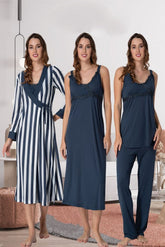 Lace Detailed Wrap Striped 4-Piece Maternity-Nursing Set Navy Blue - 9036