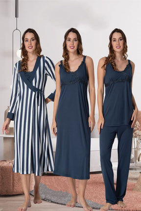 Lace Detailed Wrap Striped 4-Piece Maternity-Nursing Set Navy Blue - 9036