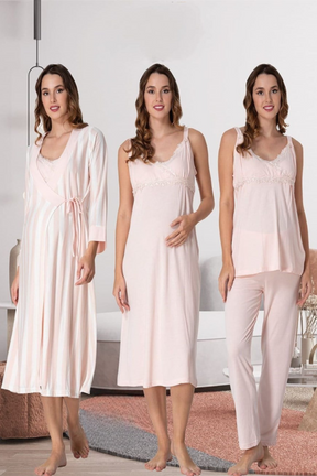 Lace Detailed Wrap Striped 4-Piece Maternity-Nursing Set Powder - 9036
