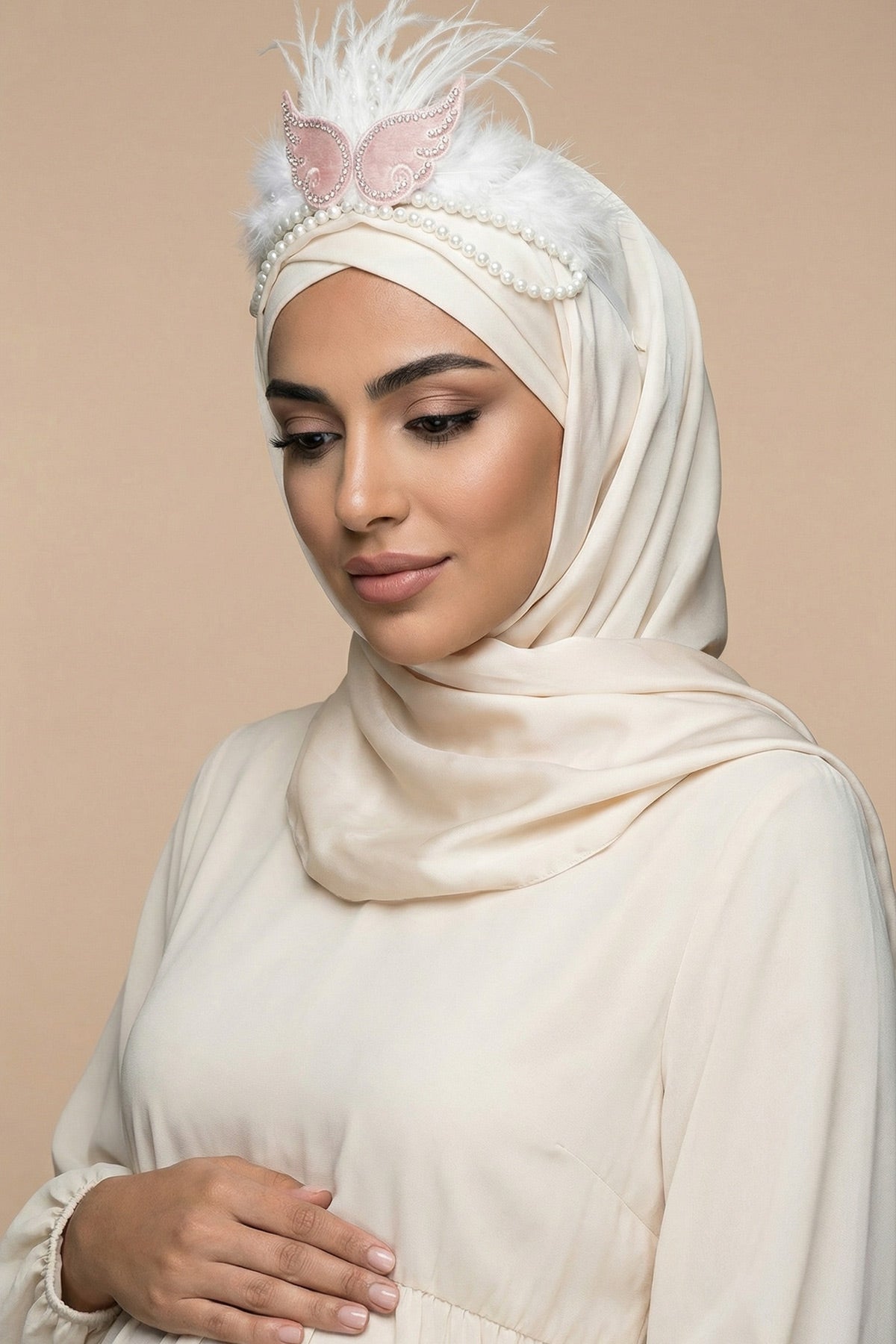 Pearl Angel Wing Themed Postpartum And Bridal Crown Ecru - 9112S