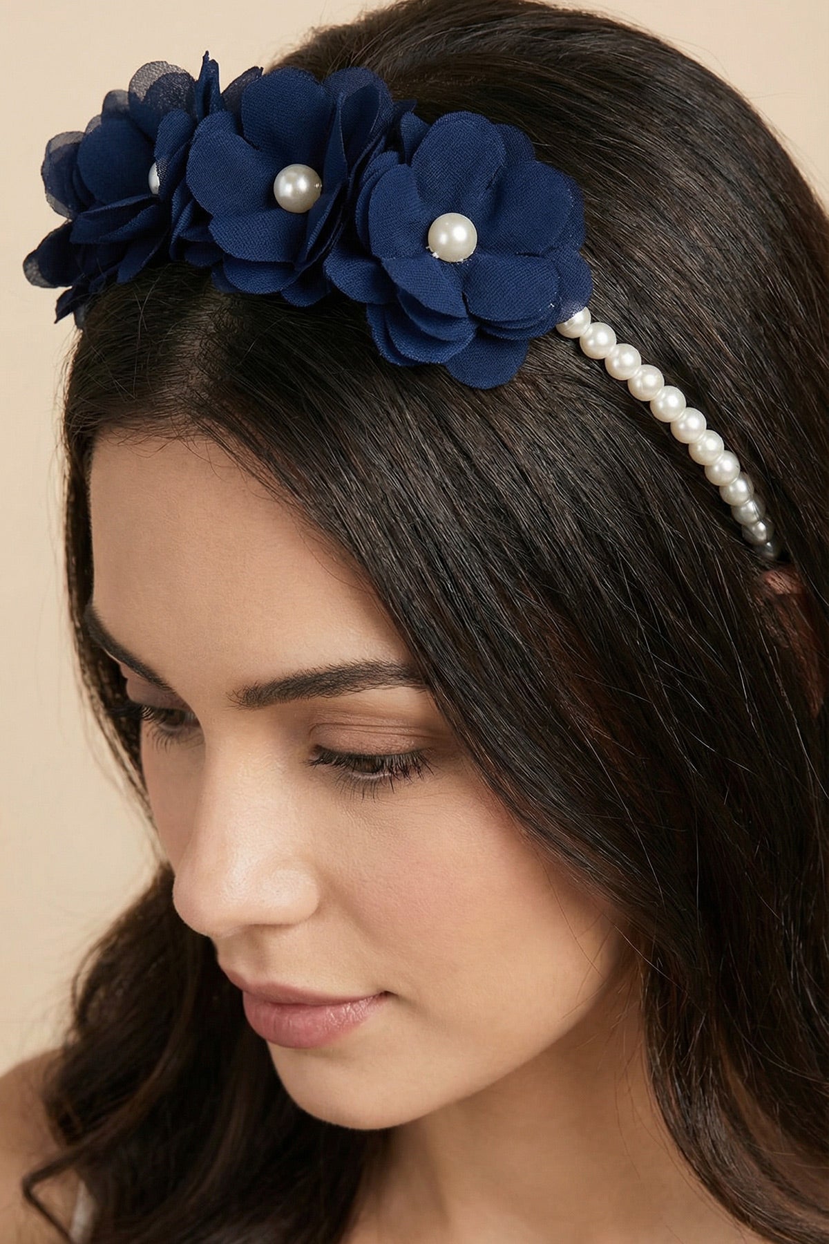 Pearl Flower Themed Postpartum And Bridal Crown Navy Blue - 9113