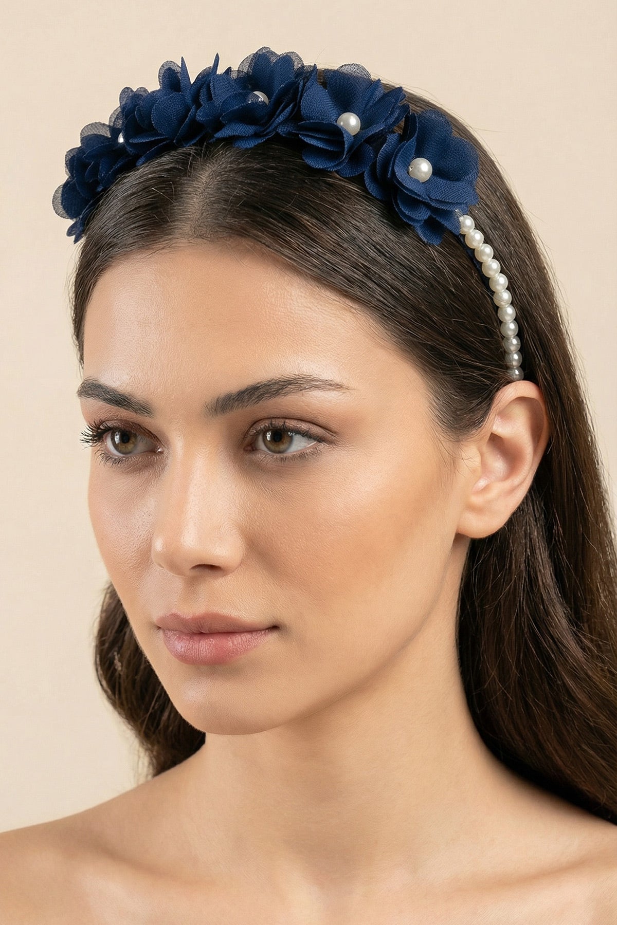 Pearl Flower Themed Postpartum And Bridal Crown Navy Blue - 9113