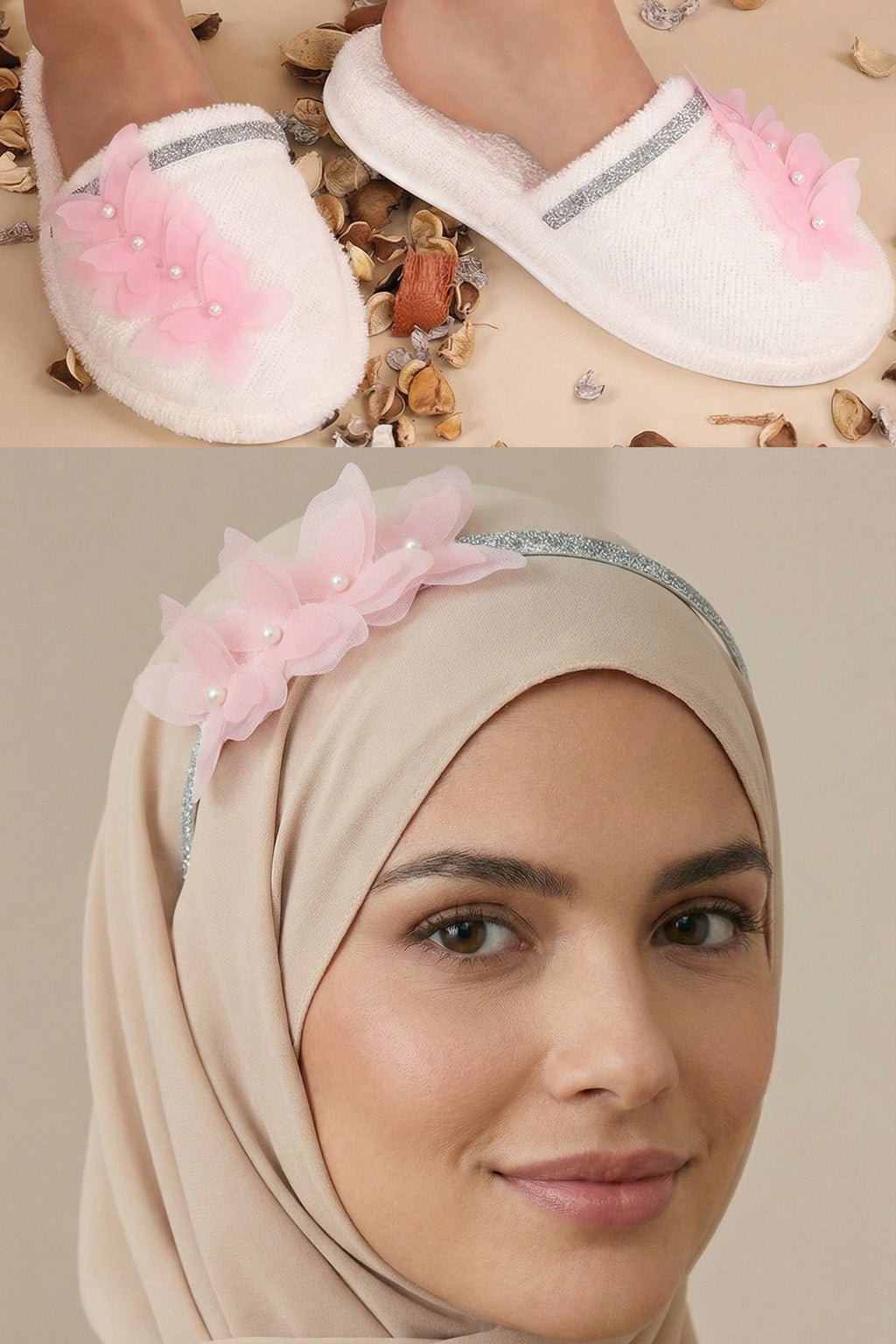 Butterfly Themed Postpartum And Bride Crown & Slippers Set Pink - 919502