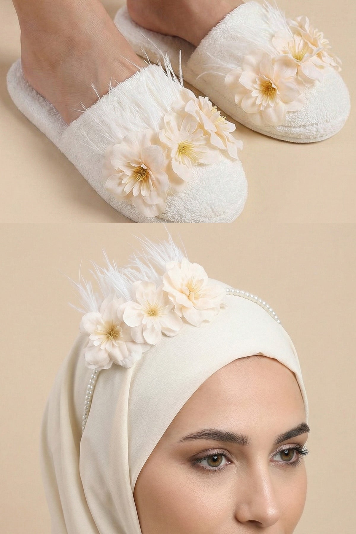 Water Lily Flowered Postpartum And Bride Crown & Slippers Set Ecru - 919504S