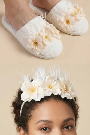 Water Lily Flowered Postpartum And Bride Crown & Slippers Set Ecru - 919504