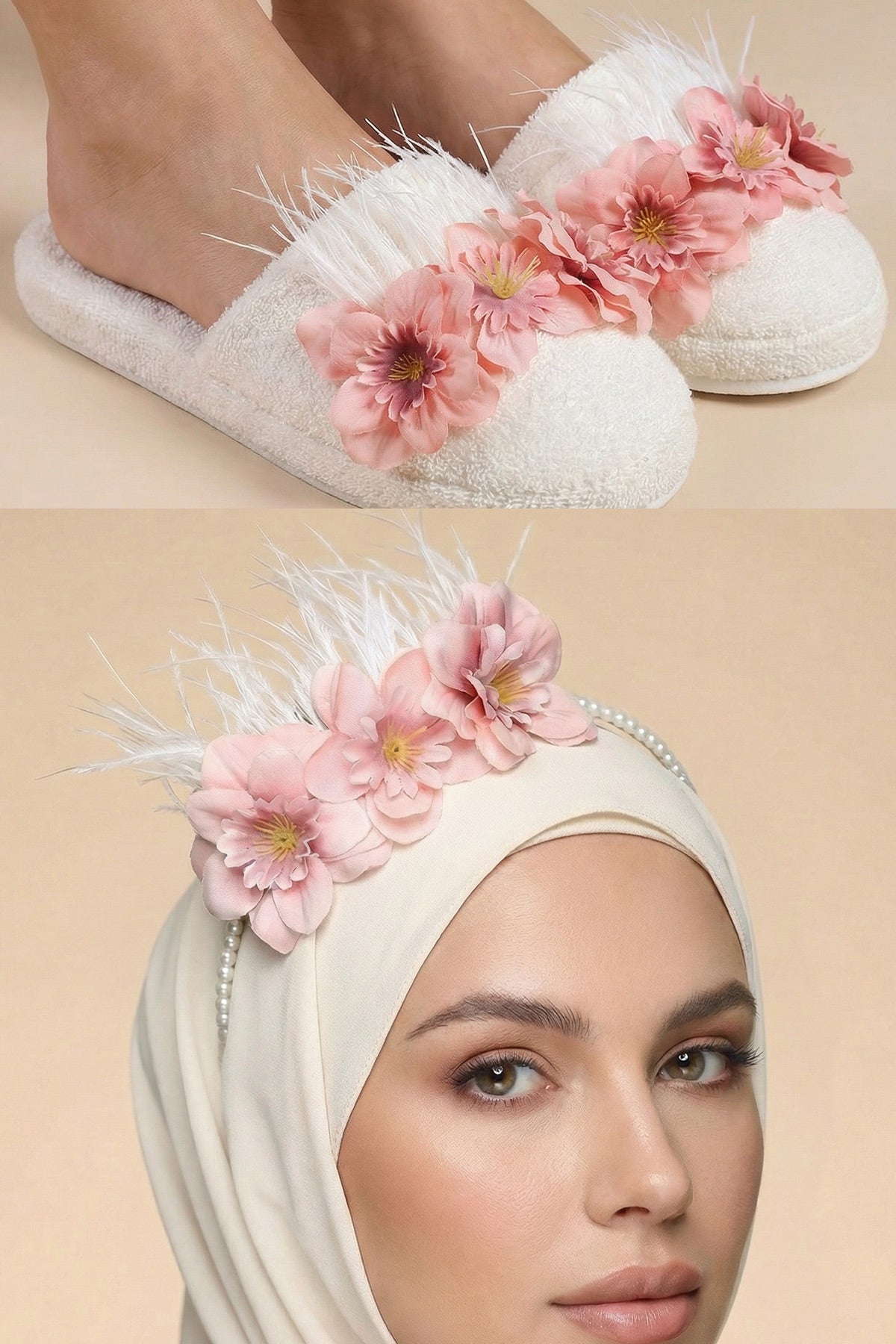 Water Lily Flowered Postpartum And Bride Crown & Slippers Set Pink - 919504