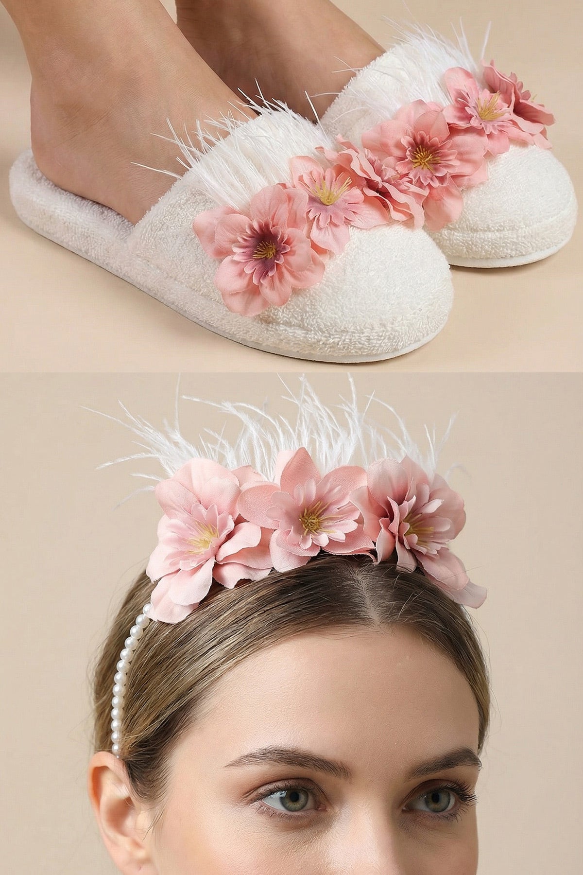 Water Lily Flowered Postpartum And Bride Crown & Slippers Set Pink - 919504