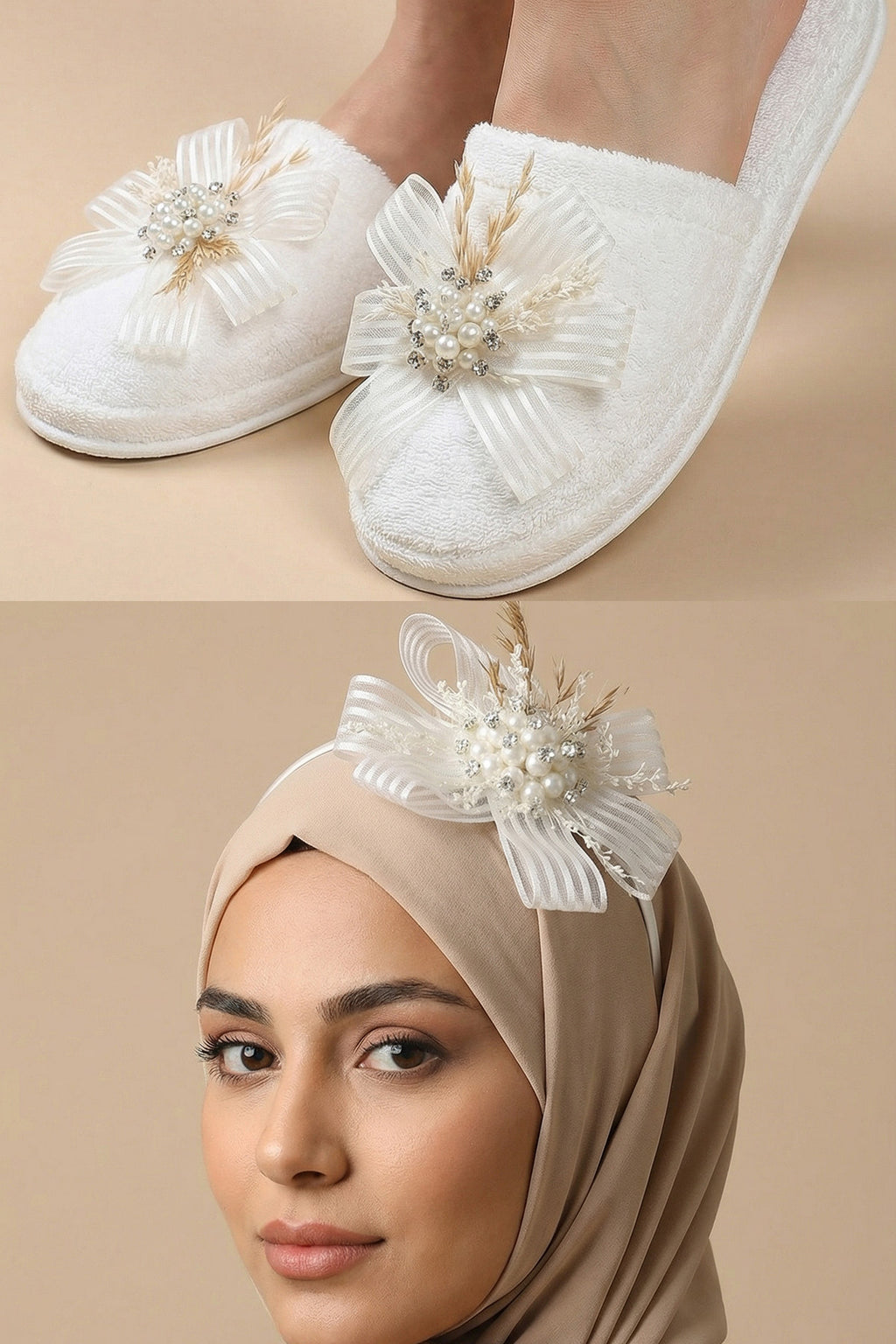 Wheat Blossom Postpartum And Bride Crown & Slippers Set Ecru - 919505